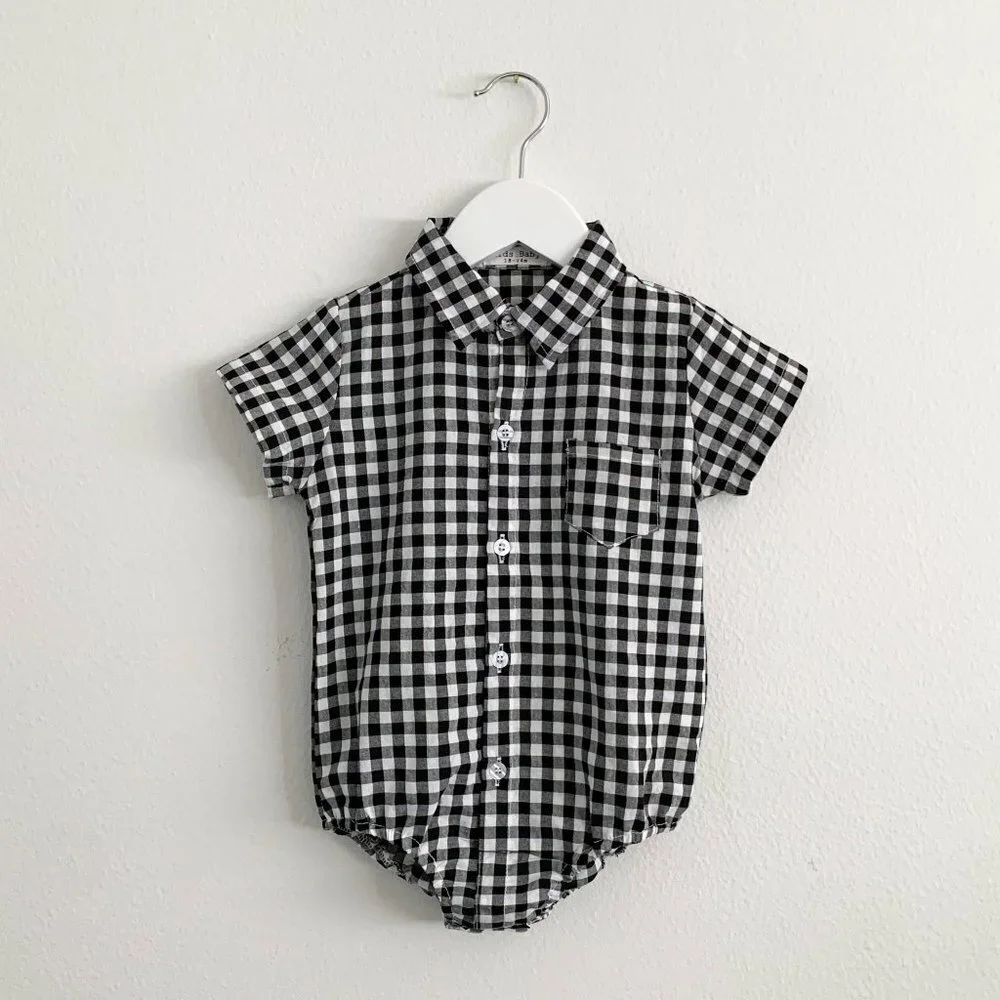 NWT Cute Boys Oxford Button Down Romper One-Piece Gingham Black & White 18-24M
